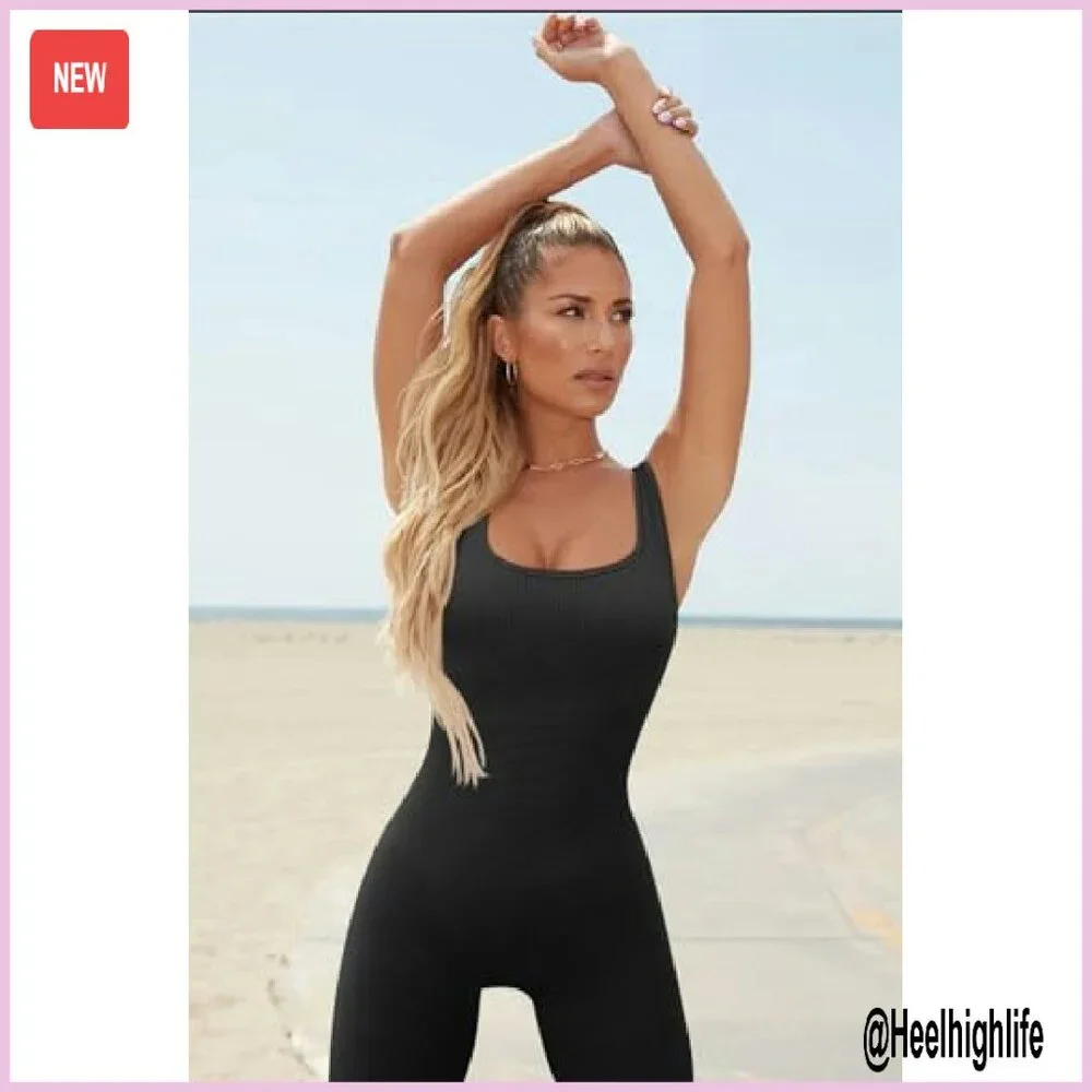 Seamless Ribbed Jumpsuit Yoga Workout Bodycon Romper - Picture 6 of 7